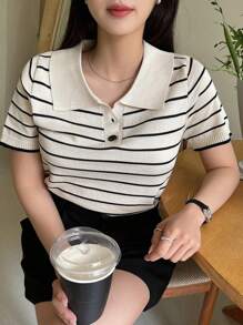 Dazy Plus Plus Size Solid Color Polo Collar Slim Fit Short Sleeve Knitted Top, Spring/Summer/Autumn, Back To School Clothes - Apricot - View 4