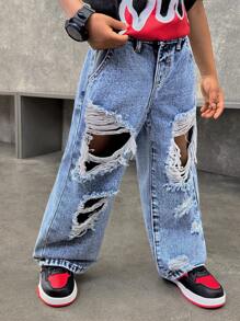 年轻男孩都市街头酷炫时尚 Y2k 时尚石洗破洞磨损宽松蓝色牛仔裤，百搭休闲童装男童春夏日常服装和街头服饰，适合幼儿男孩