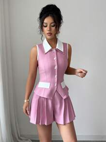 SHEIN Clasi 2pcs/Set Women Sleeveless Elegant Chiffon Top And Shorts/Skirt Suit - Pink - View 4