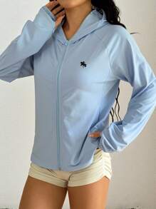 SHEIN EZwear 纯色插肩袖长袖连帽半透明夏季梭织女式夹克 - 淺藍色 - 查看 6