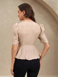 EMERY ROSE Women's Summer Square Collar Short Sleeve Shirt, Metal Button Decor, Split Hem Waist Design, Casual Fashion Elegant Blouse , Peplum Top - Khaki - View 2