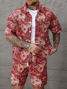 Manfinity Homme Conjunto de camiseta de manga corta y pantalones cortos con estampado aleatorio para hombre