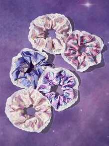 Pop Mart Azura X SHEIN 5pcs/Set Azura Satin-Finish Scrunchies With Soft Lace, Cute & Fashionable Elastic Hair Ties, Dreamlike Colors, No Hair Damage
