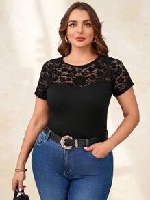 SHEIN Clasi Plus Size Elegant Ronde Hals Contrast Kant Dames Zomer T-shirt, Zomer Tops, Casual Dagelijkse Kleding, Zwarte Shirts, Kant Tops, Elegante Tops Voor Vrouwen, Casual Tops Voor Vrouwen, Tops Dames Tops, Elegant