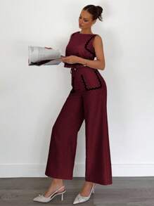 Siren Gaze Bộ 2 món cho nữ mùa hè, áo rộng viền tương phản và quần ống rộng trơn, trang phục thường ngày đi làm/đi chơi, bộ đồ đồng bộ - Màu Đỏ Sâu - Xem 4