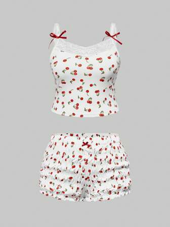 Kawaii 2pcs/Set Plus Size Cherry Pattern Lace Strap Tank Top And Ruffled Super Short Pants Set For Women, Casual