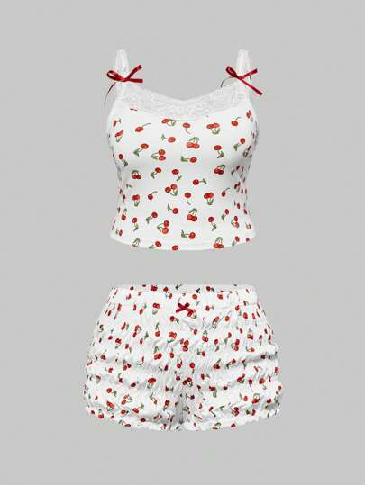 Kawaii 2pcs/Set Plus Size Cherry Pattern Lace Strap Tank Top And Ruffled Super Short Pants Set For Women, Casual