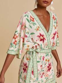 Travachic 女式梭织印花短袖连体裤，宽松版型，女式夏季服装，沙滩装，春夏装，复活节，节日服装，女士沙滩装，春假，女士度假服装，女士演唱会服装，波西米亚风，波西米亚风，音乐节，美国独立日服装，热带度假女装 - 米色 - 查看 6