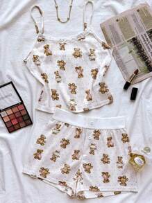 Teen Girls Spring & Summer Valentines, House, Clean Girl/American BM Style, Lace Ruffle Bow Bear Graphic Camisole Top And Shorts Cute Clothes Set