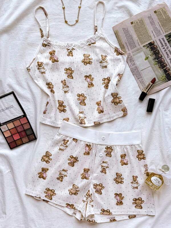 Teen Girls Spring & Summer Valentines, House, Clean Girl/American BM Style, Lace Ruffle Bow Bear Graphic Camisole Top And Shorts Cute Clothes Set