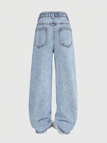 SHEIN ChillGRL 青少年女孩时尚可爱搞笑卡通动物印花浅色水洗宽松松紧腰牛仔裤 - 淺色水洗藍 - 查看 2