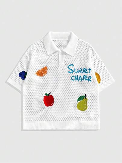 Street Life ملابس علوية بولو قصيرة الأكمام بطباعة الفاكهة والأحرف للرجال
