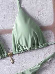 SHEIN Swim Bộ bikini dây kim loại hở lưng màu trơn gợi cảm mùa hè cho nữ - màu xanh lá - Xem 4