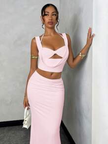SHEIN BAE Women White Lace Bralette Crop Top + Low Waist Fishtail Elegant Skirt Set, Summer - Coral Pink - View 5