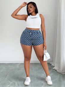 Slaydiva Quần short denim móc cỡ lớn cho nữ, thiết kế cạp chun bất đối xứng, không co giãn, ôm vừa vặn, phong cách Cowboy, quần short denim lễ hội mùa hè - Rửa trung bình - Xem 4