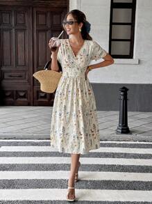 Pariaura Women's Casual Ditsy Floral Cinched Waist Waist Dress, Shirred Floral Mini Dress Women Summer Clothing