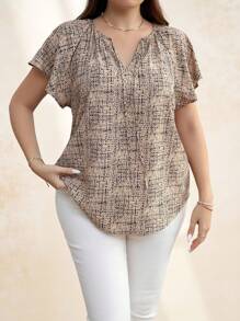 Chikora Plus Size Chic Lace-Up Neckline Ruffle Sleeve Casual Short Sleeve Shirt For Daily Wear In Spring And Summer