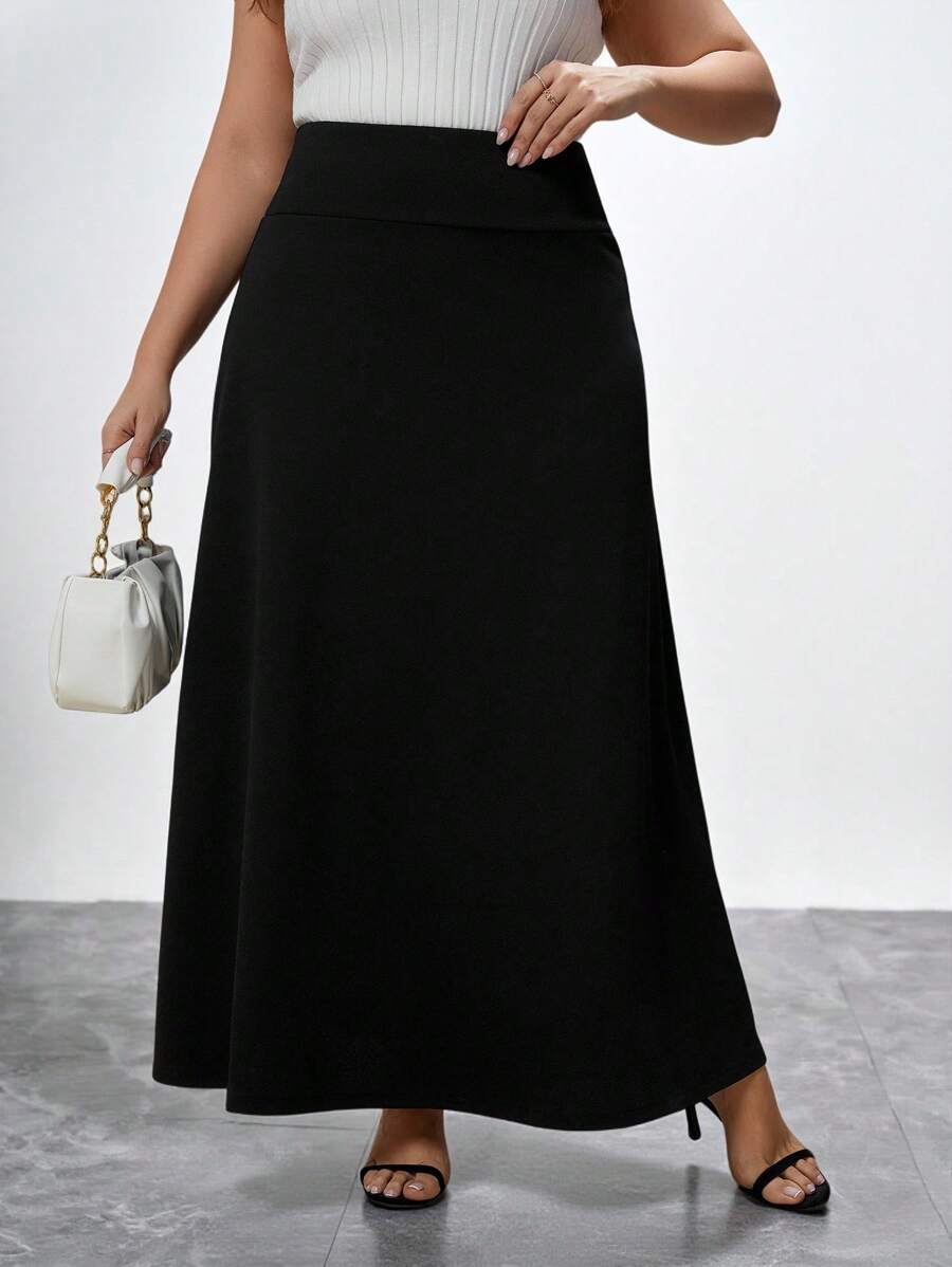 Chikora Plus Size Casual Solid A-Line Long Black Skirt