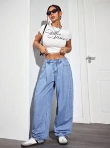 SHEIN EZwear Women Solid Color Casual Baggy Jeans - Light Wash - View 4