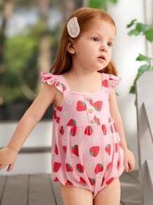 SHEIN Baby Girl Casual Minimalist Comfy Strawberry Pattern Ruffle Bodysuit - Pink - View 1