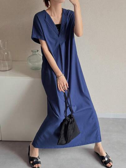 FRIFUL 女士宽松短袖长衬衫裙，休闲纯色夏季亚麻长袍