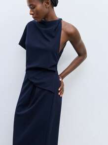 Maija Long Navy Blue Knit Dress For Women Elegant Stand Collar Asymmetrical One-Shoulder Design And Figure-Hugging Silhouette