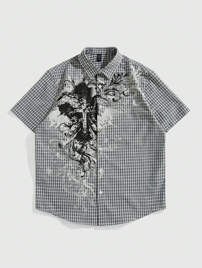 Grunge Punk Men's Street Summer Plaid Cross Print Short Sleeve Single-Breasted Casual Shirt, Emo