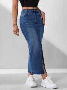 女式蓝色开衩修身时尚夏季牛仔迷你裙