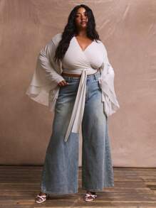 MUSERA 加大码深V领双层网纱蝙蝠袖蕾丝边长袖上衣，适合度假、泳装、性感、浪漫、优雅的春夏复活节风格 - 灰色 - 查看 5