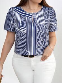 Chikora Plus Size Women Striped Woven Shirt For Summer,Business Casual Woman