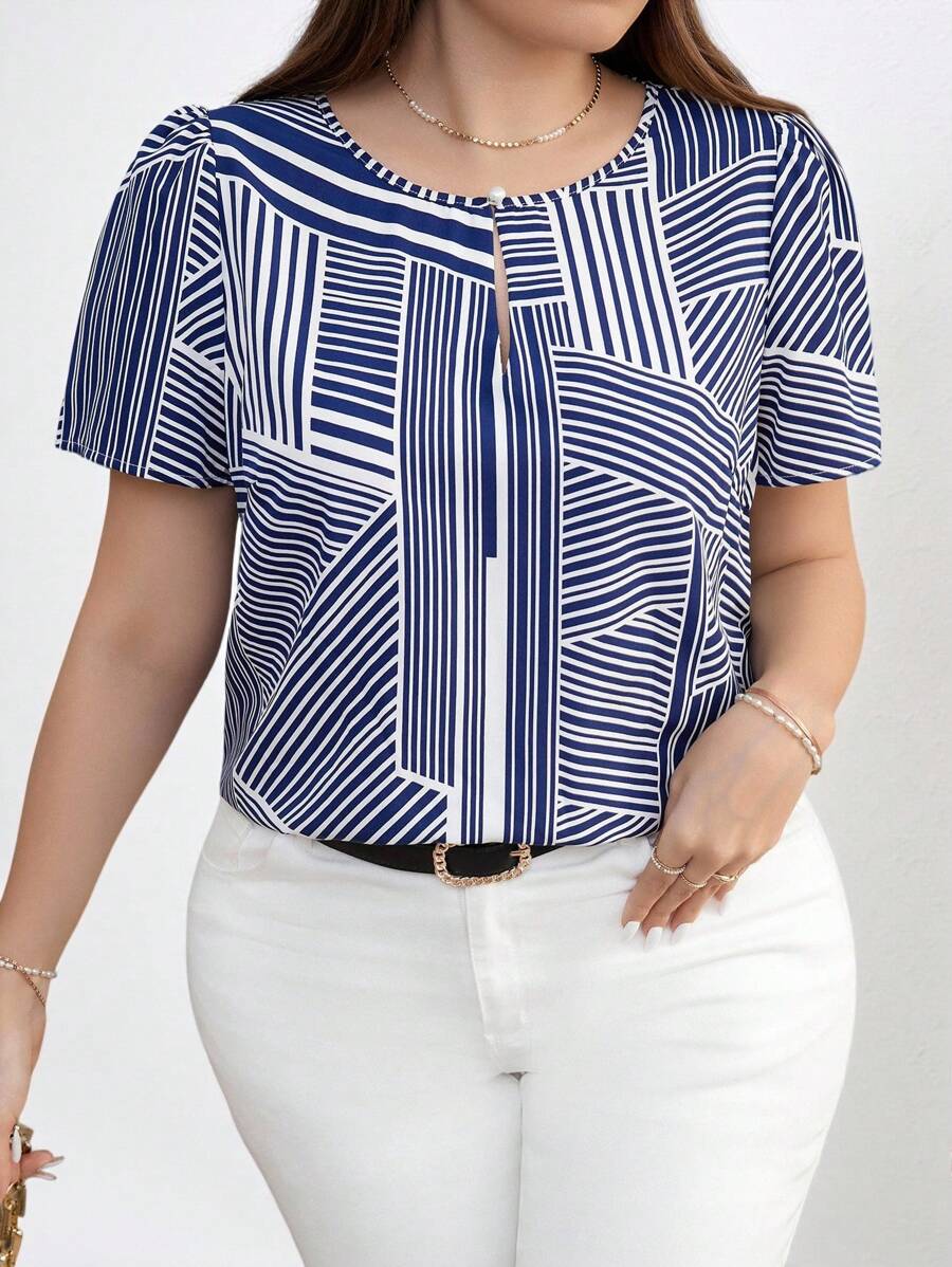 Chikora Plus Size Women Striped Woven Shirt For Summer,Business Casual Woman