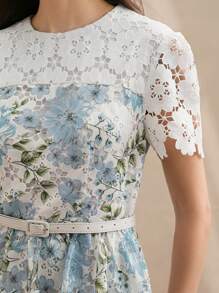 Anewsta Women's Floral Embroidery Hollow-Out Colorblock Round Neck Elegant Modern Date Dress, Spring/Summer - Baby Blue - View 7