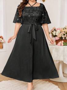 Modelyn Plus Size Mesh Embroidered Square Neck Short Sleeve Casual Summer Dress - Black - View 4