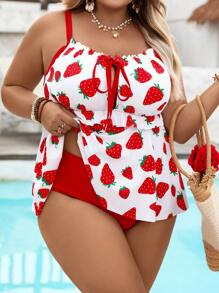 SHEIN CURVE+ Bộ đồ bơi tankini dây đeo họa tiết dâu tây casual cho nữ size lớn, trang phục đi biển mùa hè/về quê/kỳ nghỉ bãi biển/đồ đi biển/đồ tắm cho nữ - Nhiều màu - Xem 8