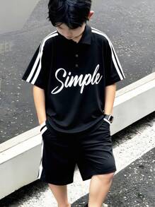 SHEIN 2pcs/Set Tween Boys' Casual Versatile School Style Funny Print Knitted Polo Shirt And Shorts Set, For Summer Stay Home, Outgoing Travel