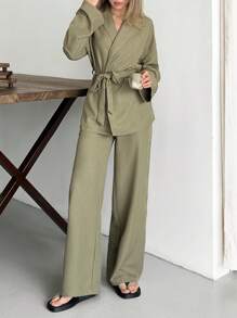 EURMUSE Conjunto de dos piezas de lino elegante con detalle de nudo de manga larga color caqui verdoso para mujer - Verde militar - Ver 1