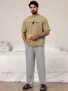 DAZY Summer Cat & Letter Print Colorful T-Shirt With Men's Pajama Set - Multicolor - View 6