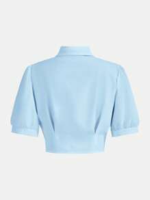 SHEIN MOD 夏季撞色蝴蝶结优雅办公室通勤短袖衬衫 - 藍色 - 查看 2