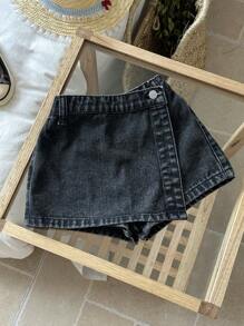 SHEIN Young Girl Black Denim Shorts Spring And Summer Casual Vacation Country Boho Wear