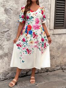 Breezaya Bestselling Women's Casual Floral Print V-Neck Short Sleeve Ruched Hem Button Down Midi Dress, Fitted, Plus Size, Summer - Apricot - View 5