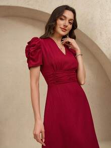 EMERY ROSE Women's Solid Color V-Neck Waist-Fitting A-Line Dress For New Year Clothes Maxi Women Outfit - Red - View 7