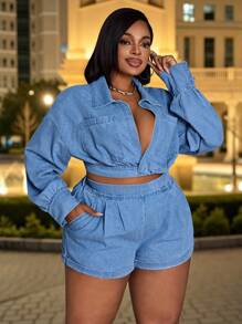 Slaydiva 大码女式浅蓝色牛仔短款上衣，弹性后背，性感长袖牛仔衬衫