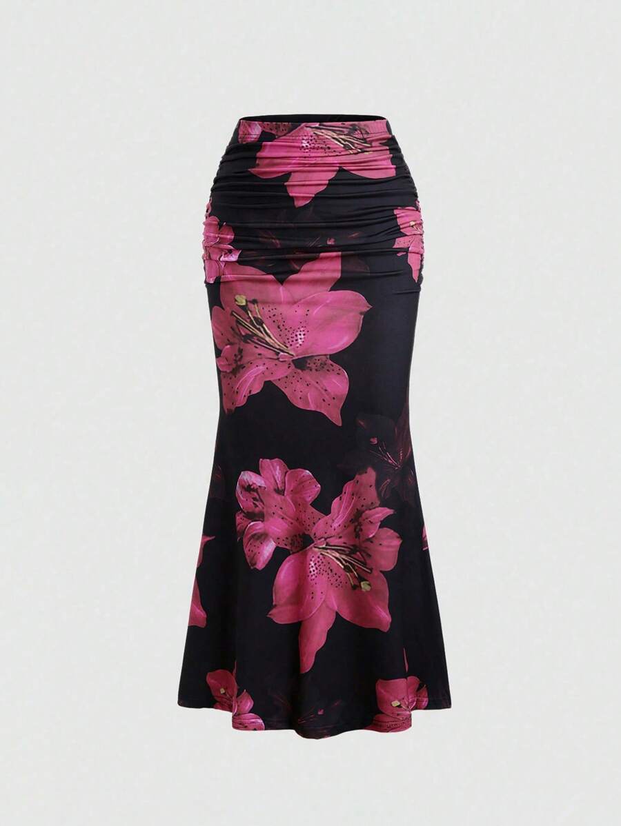 Sweetra 女士优雅花卉印花简约 A 字裙，休闲日常长裙