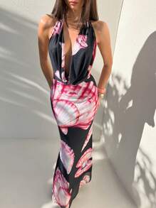 Aloruh Vestido largo de mujer con escote pronunciado, estampado de océano y bajo de cola de sirena, para vacaciones elegantes y sexys. Vestidos de verano para mujer, vestidos de playa, atuendos de vacaciones