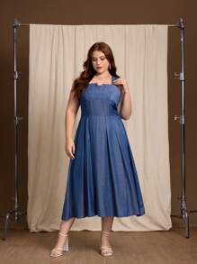 SHEIN MOD Plus Size Women's Blue Tencel Material Spaghetti Strap Loose Hem Maxi Dress,V-Neck, Summer Denim Effect Women Dresses Party,Corset Dress,Birthday Dresses For Women - Blue - View 6