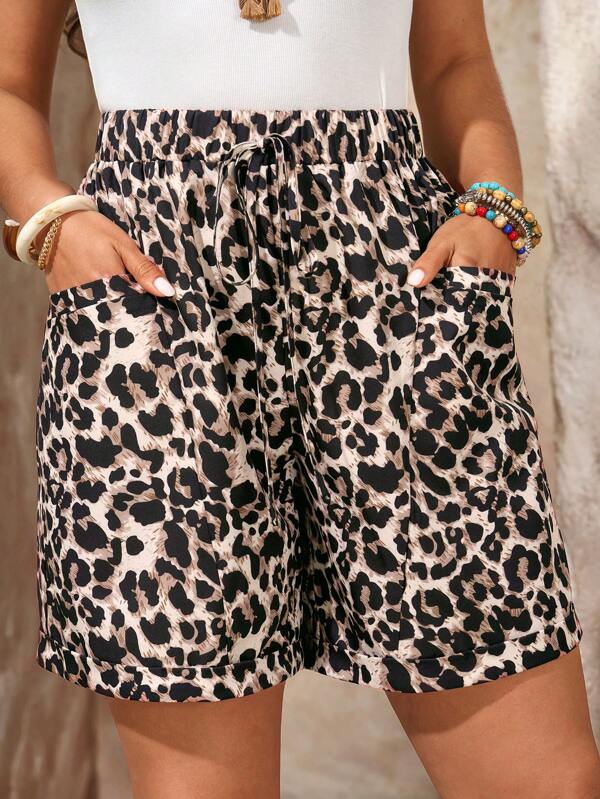 EMERY ROSE Plus-size dames luipaardprint casual shorts met trekkoord en zak, zomer