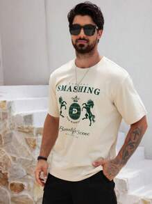 DAZY Camiseta de color crema con estampado de caballo y letras para hombres en verano