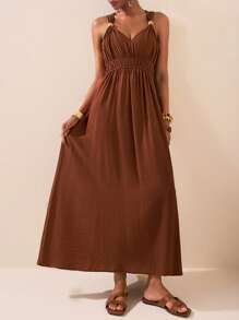Zivah Lễ hội âm nhạc xuân hè 2025 mới đến, Lễ Phục sinh, Ngày lễ Thánh Patrick, Phương Tây, Du mục, Tiệc sinh nhật, Mùa tốt nghiệp, Phong cách đại học, Thường ngày, Cơ bản Đa năng, Giải trí, Du ngoạn, Bãi biển, Tắm nắng, Lan truyền trực tuyến, Phong cách đường phố, Khách dự tiệc cưới Boho, Đi làm, Ăn trưa, Trang phục sân bay - Váy dài maxi nhún bèo cổ chữ V không tay màu nâu trang trí nút gỗ - màu nâu - Xem 6