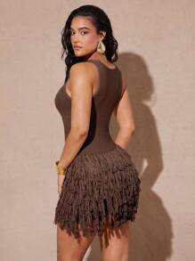 Silquee Women's Solid Color Crew Neck Sleeveless Fringed Hem Bodycon Sweater Dress