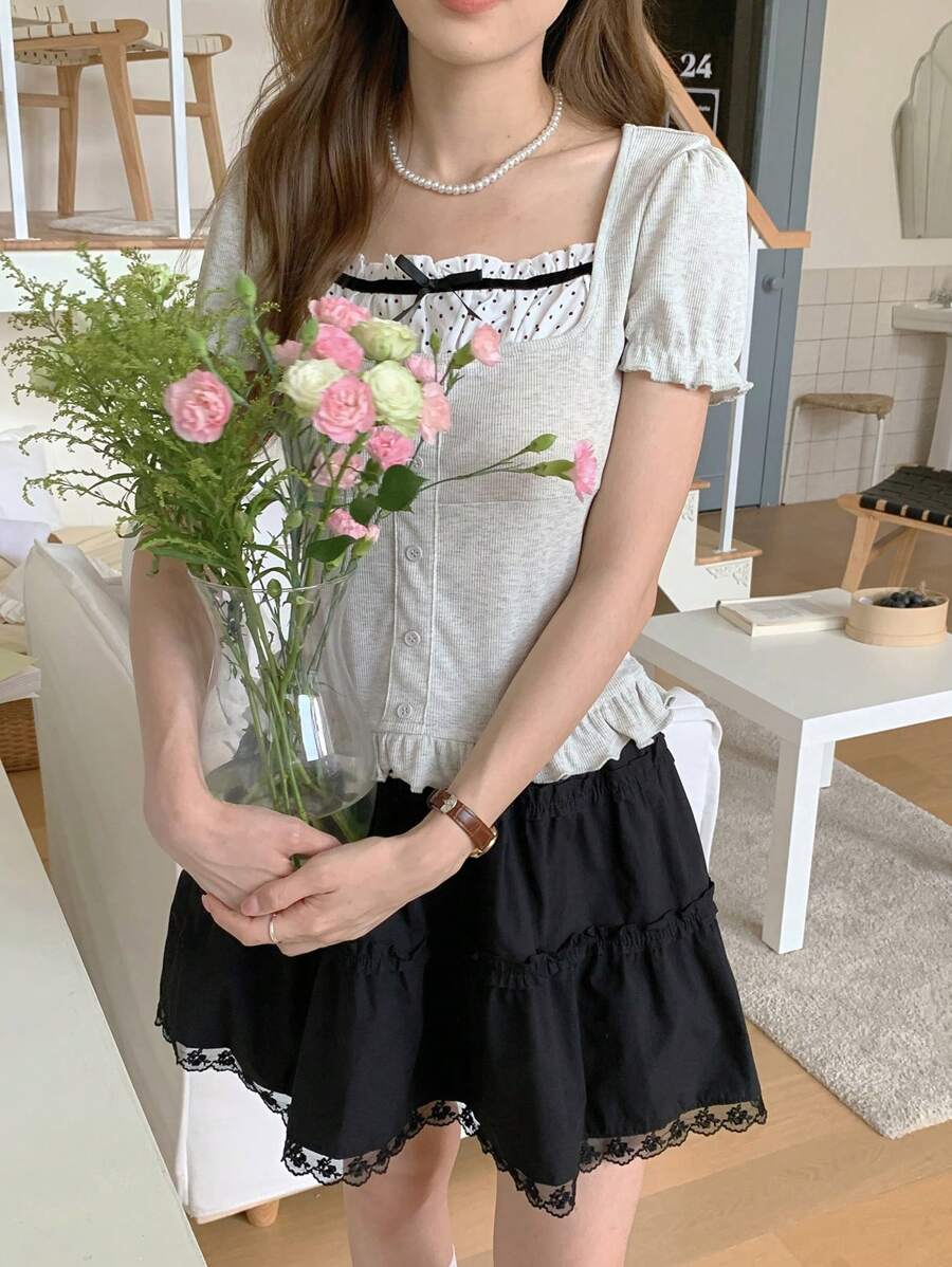 DAZY 女士拼色蝴蝶结短袖 T 恤，休闲风格 - 淺灰色 - 查看 1